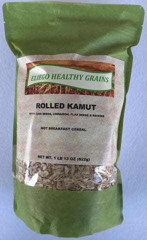 Rolled Kamut with Chia Seeds, Cinnamon, Flax Seeds & Raisins.